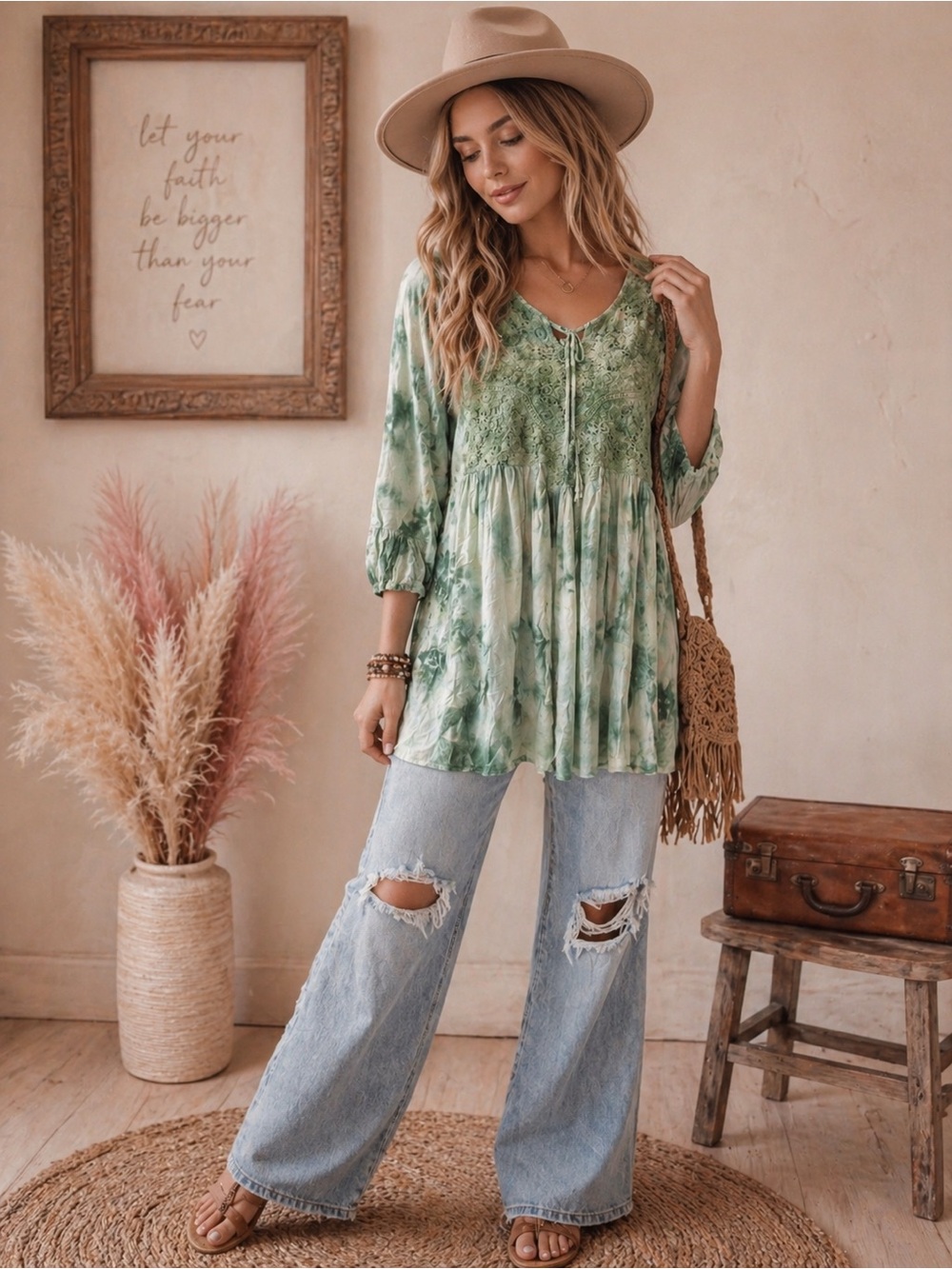 Anthropologie Tantrums Boho Green Tie-Dye Peasant Blouse with Crochet Yoke